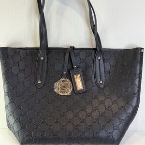 Bebe Embossed Black Logo Tote – Gold Charm & Saffiano Finish Chic